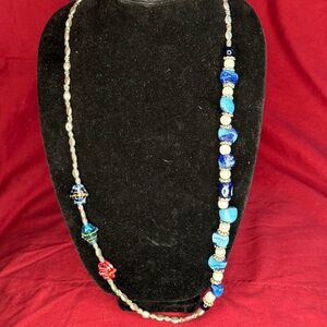 Asymmetrical Retro Vintage Cool Blue Multi Colored Silvertone Beaded Necklace!